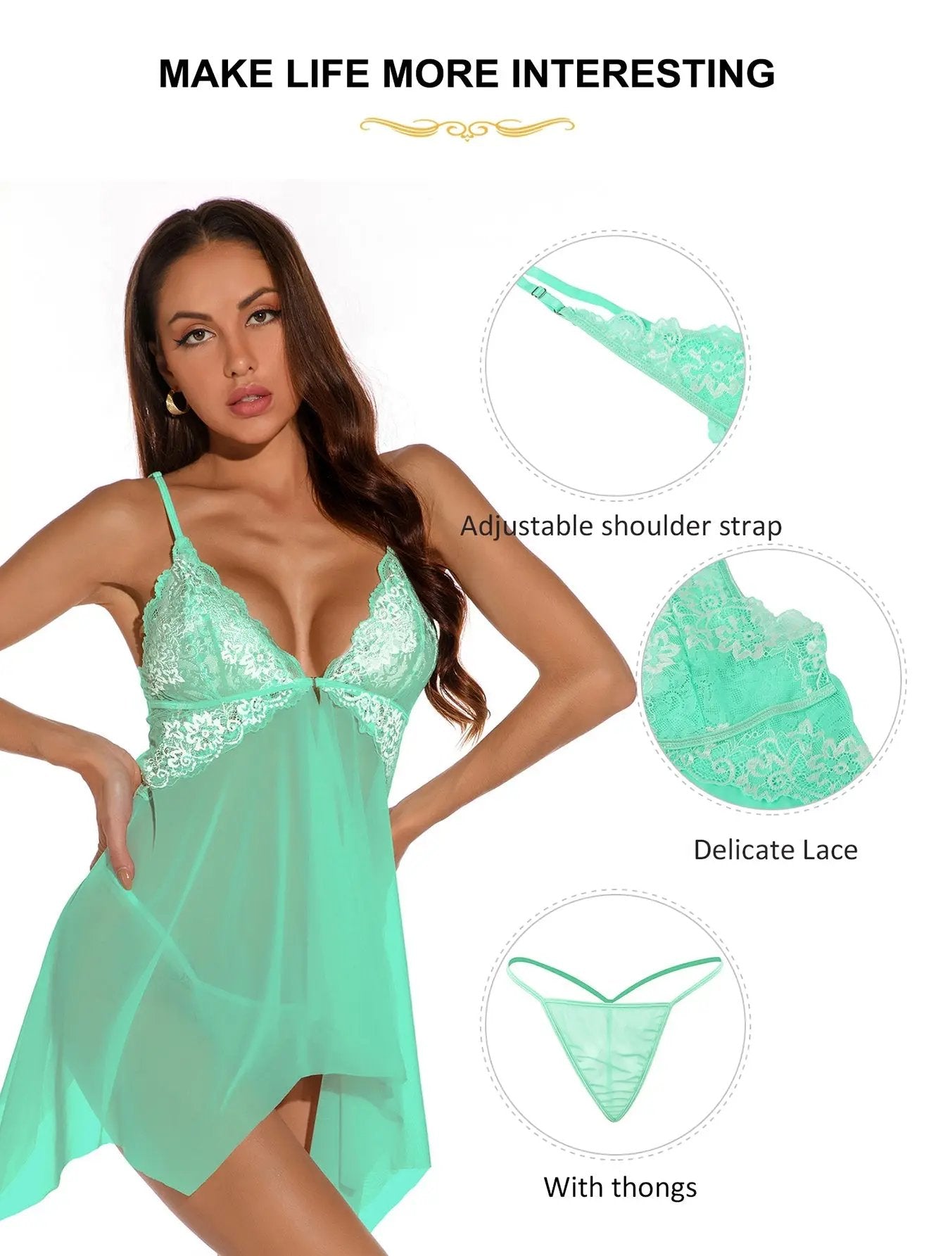 Ladies Sexy  Pea Mesh Babydoll with Flyaway Lace Cup Lovely Lies