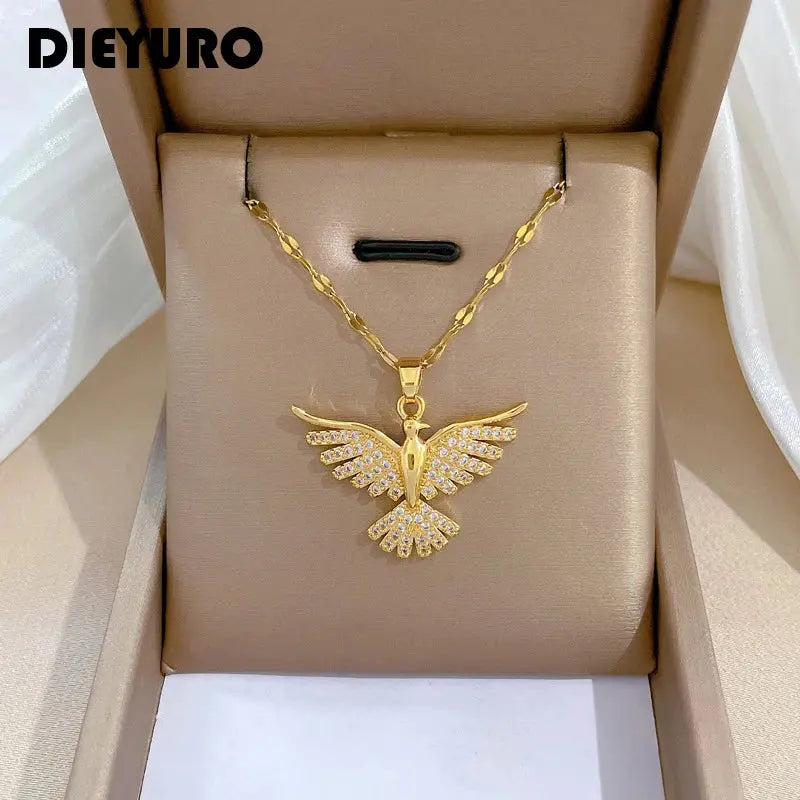 DIEYURO 316L Stainless Steel Phoenix Eagles Pendant Necklace For Women Alfa fammily store