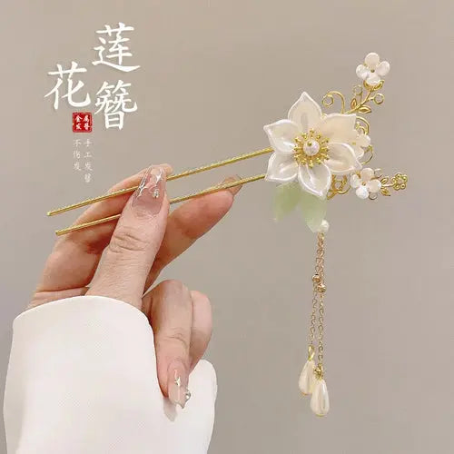Elegant Chinese Style Hair Accessory Romantic Enameled Flower Tassel Alfa fammily store