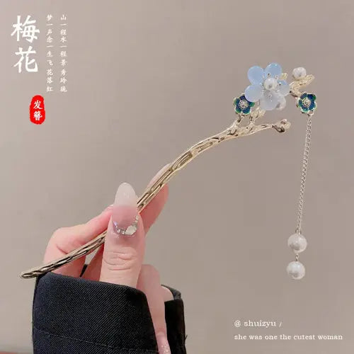 Elegant Chinese Style Hair Accessory Romantic Enameled Flower Tassel Alfa fammily store