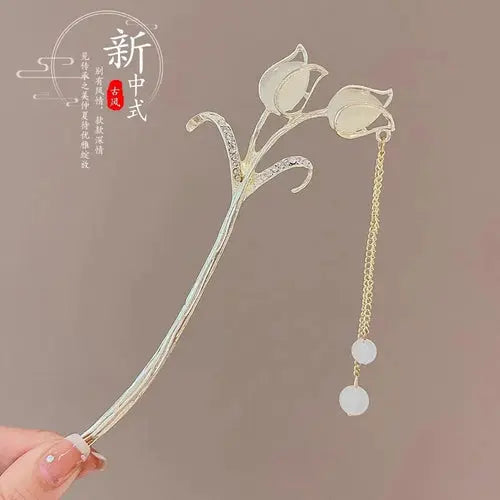 Elegant Chinese Style Hair Accessory Romantic Enameled Flower Tassel Alfa fammily store