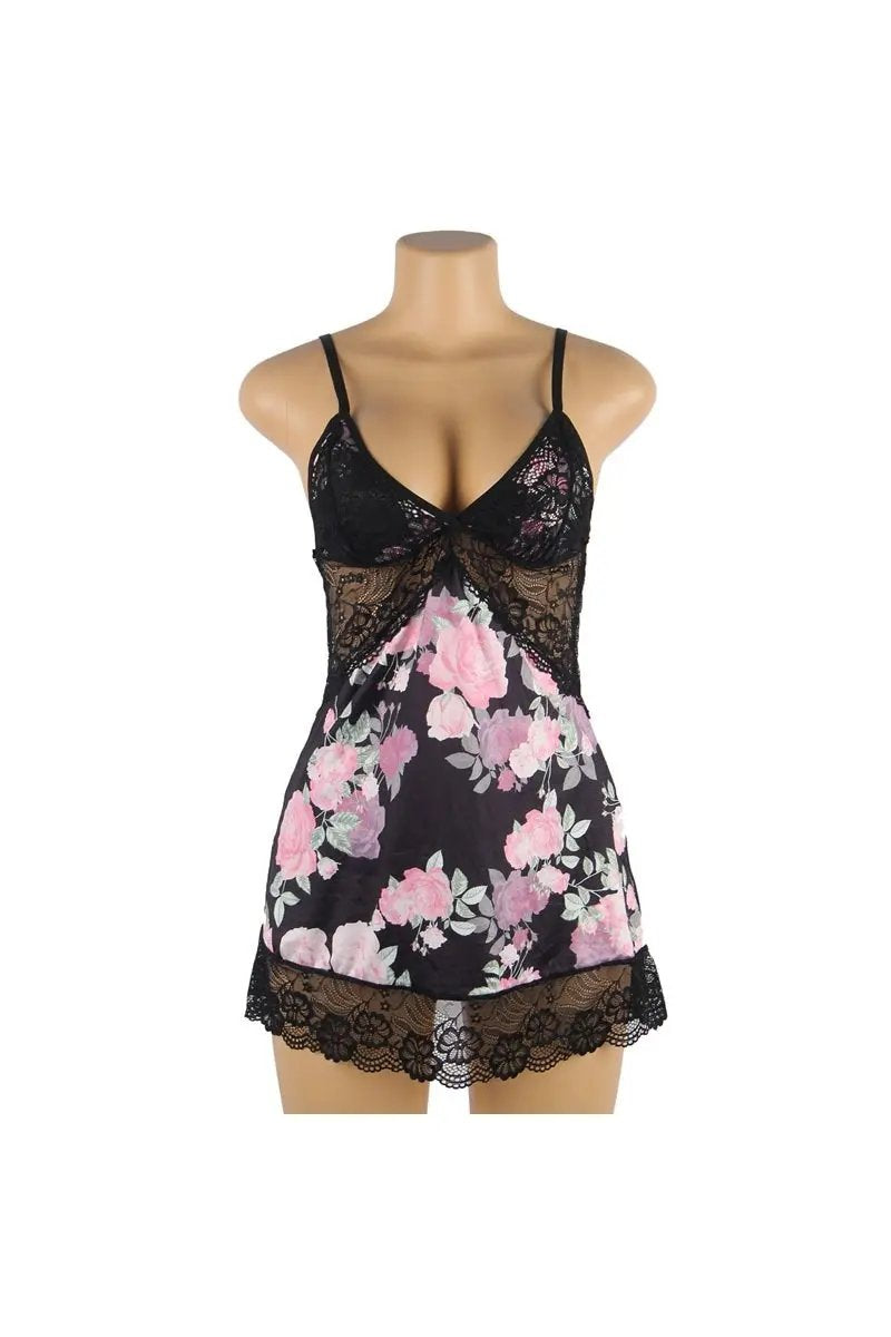 Ladies Black Floral Chemise with Lace Trim Lovely Lies