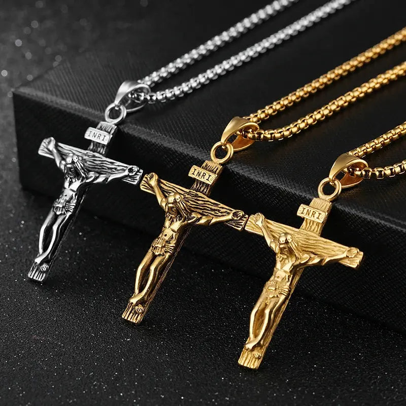 Religious Jesus Cross Stainless Steel Necklace For Men Fashion Gold Alfa fammily store
