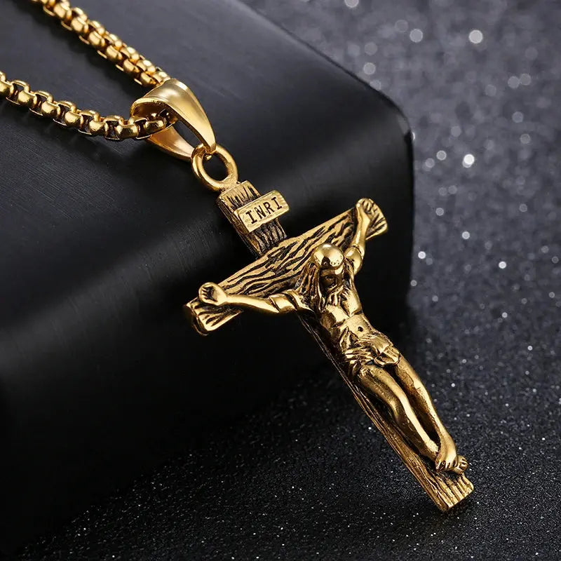 Religious Jesus Cross Stainless Steel Necklace For Men Fashion Gold Alfa fammily store