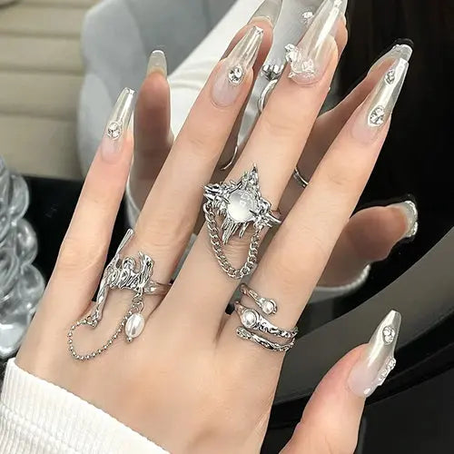 Vintage Irregular Pearl Open Ring for Women Men Punk Gothic Sliver Alfa fammily store