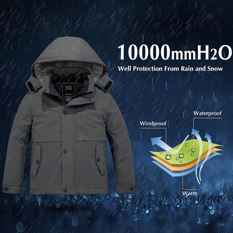 Boys' Waterproof Ski Jacket Hooded Fleece Lined Raincoat Warm Winter Coat