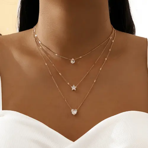 Zircon Necklace Multi-layer Five-pointed Star Love Water Drop Pendant Alfafammily.com