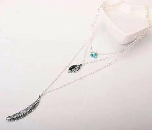 Turquoise Leaf Feather Multi Layer Necklace Alfafammily.com